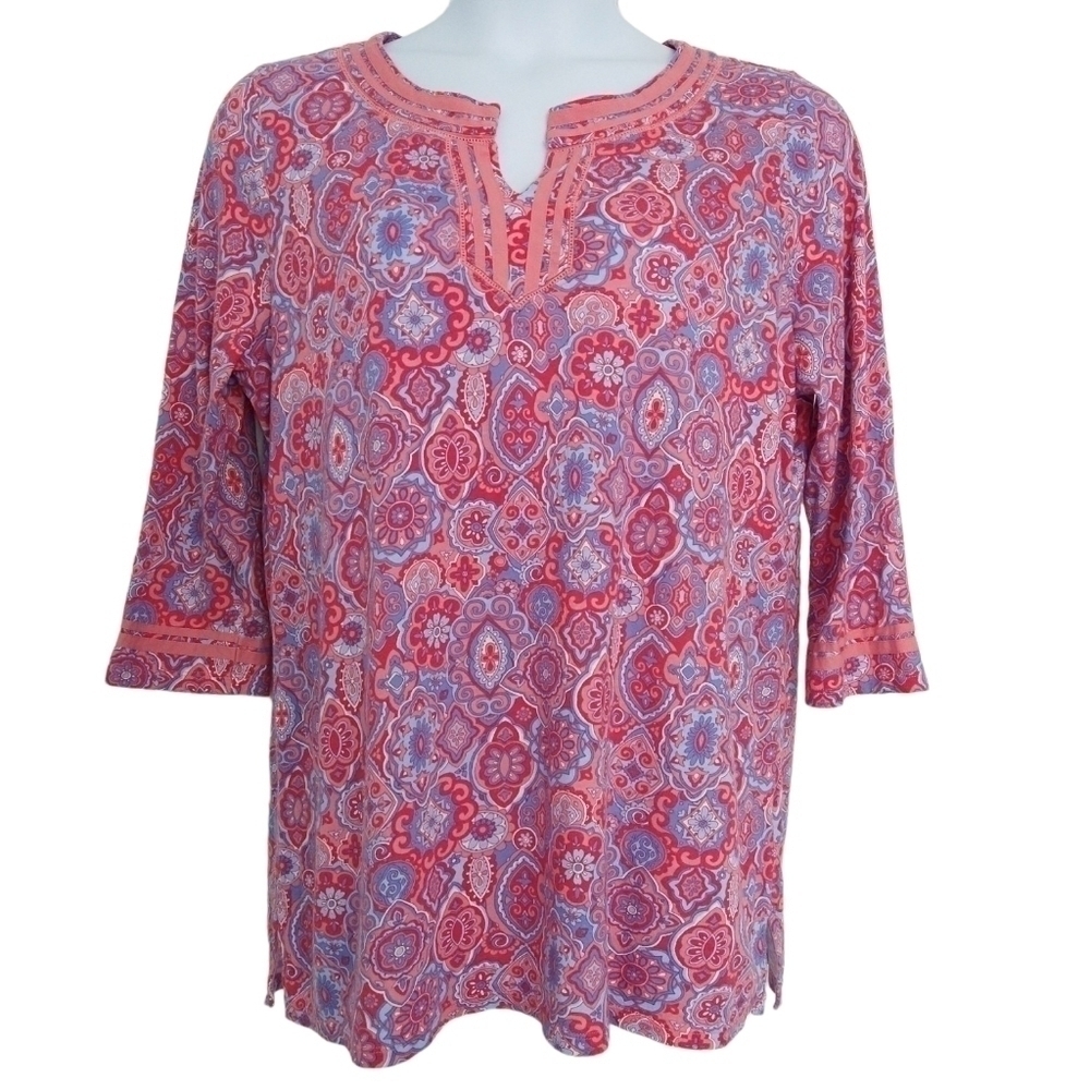 Talbots Pink Blue Abstract Split Neck 3/4 Sleeve Tunic Boho Colorful Maximalist